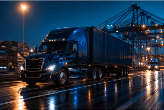 Haulflair drayage truck hauling a container at a US port terminal